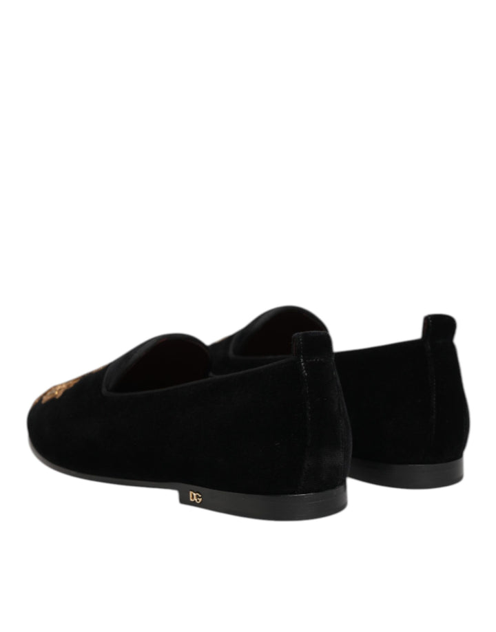 Dolce & Gabbana Black Velvet Gold Crown Mens Loafers Shoes