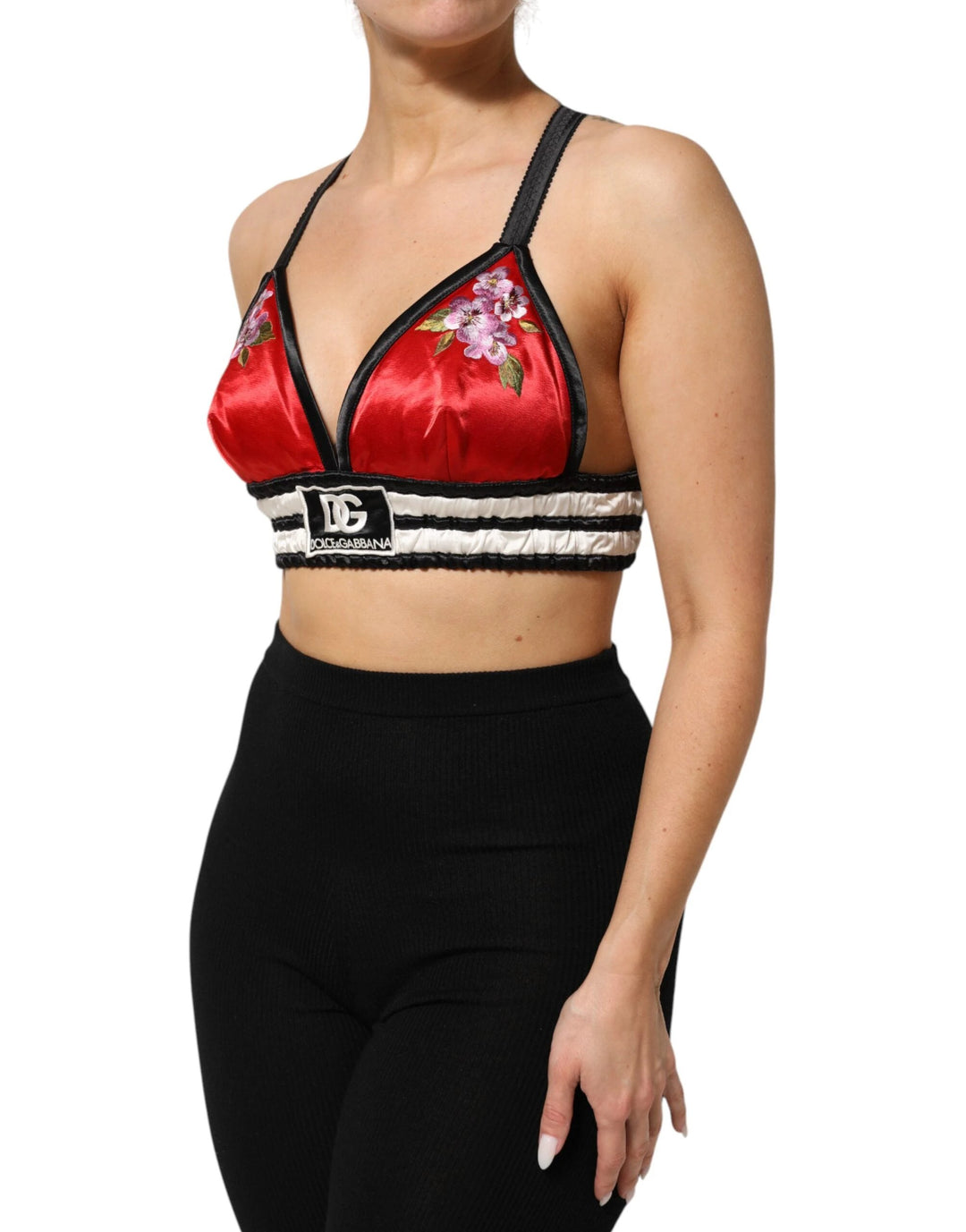 Dolce &amp; Gabbana Red Satin Floral Embroidered Bralette Crop Top by Dolce &amp; Gabbana outlet now on sale