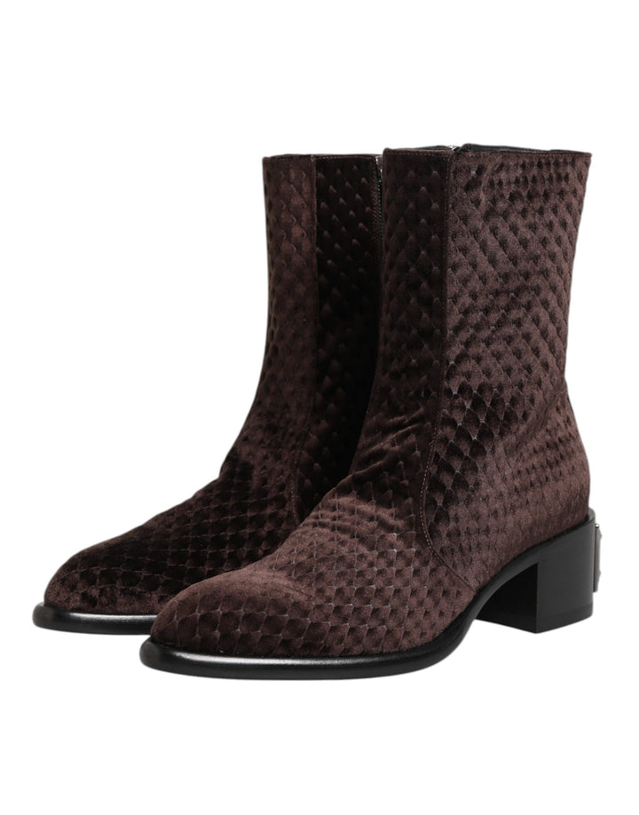 Dolce & Gabbana Brown Cotton Velvet Mid Calf Short Boots Shoes