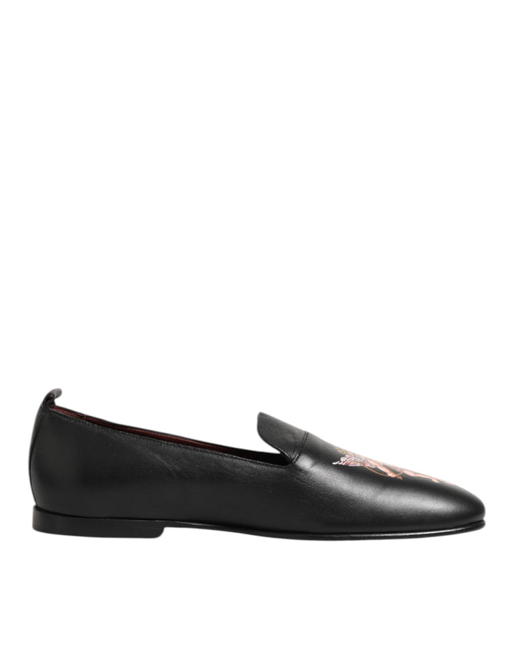 Dolce & Gabbana Black DG Angel Leather Slip On Loafers Shoes