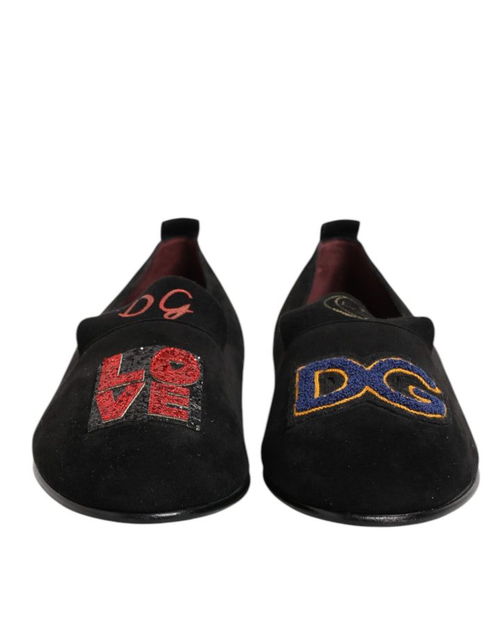 Dolce & Gabbana Black DG Love Leather Slip On Loafers Shoes