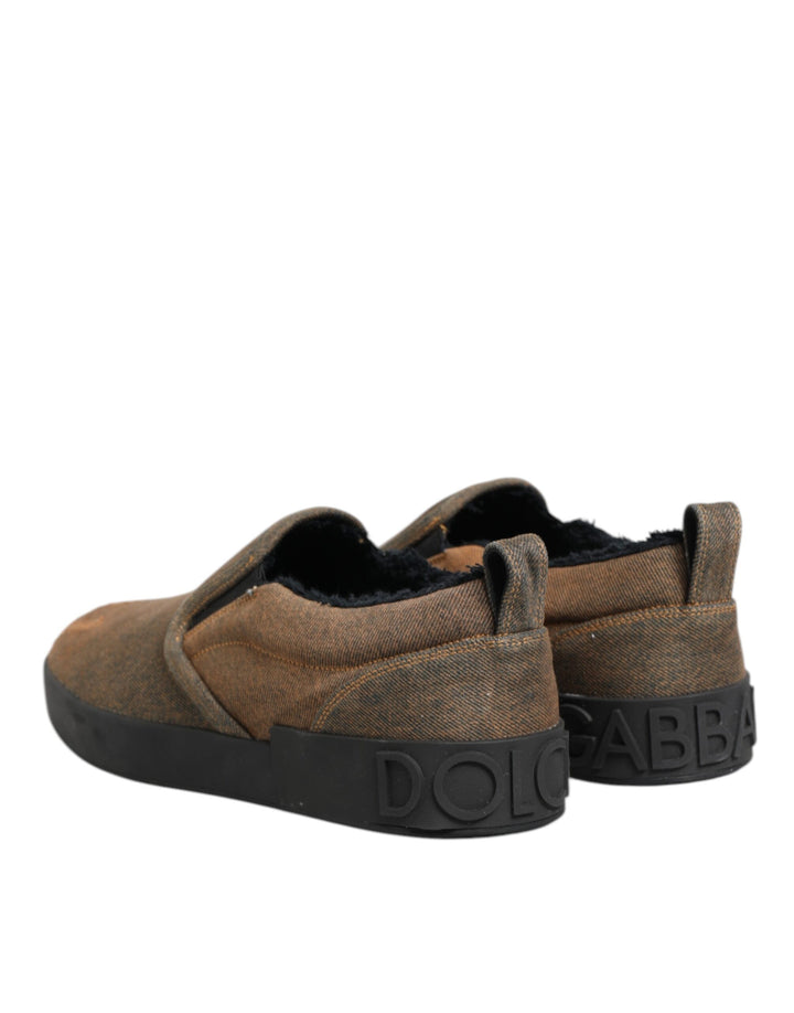 Dolce & Gabbana Brown Cotton Low Top Slip On Sneakers Shoes