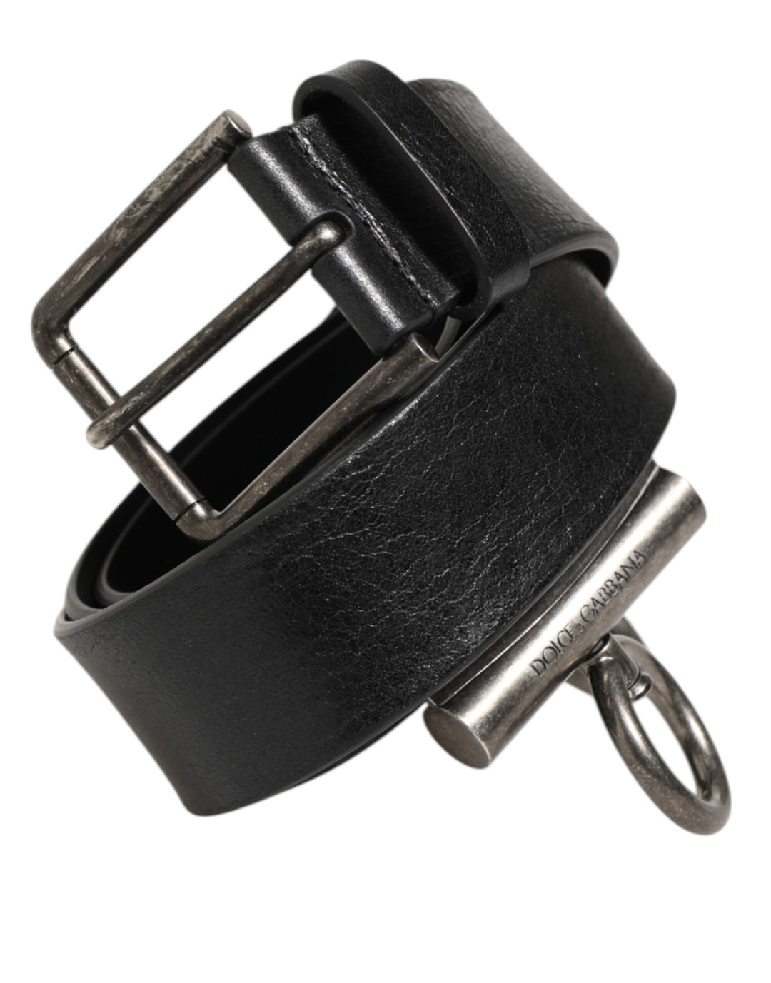 Dolce & Gabbana Black Leather Side Rings Brass Buckle Belt