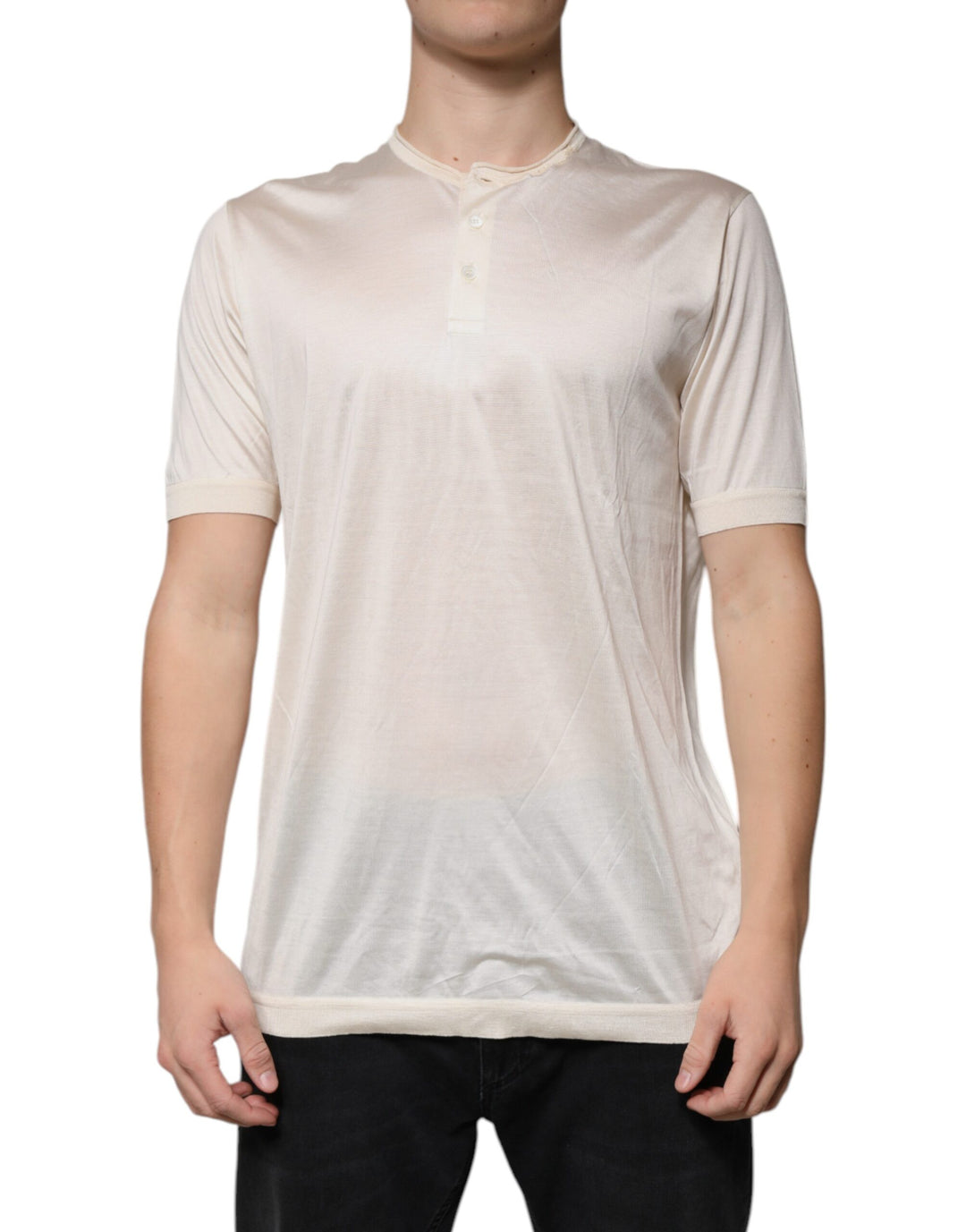 Dolce &amp; Gabbana Sample Sale Dolce &amp; Gabbana Off White Silk Henley Short Sleeves T-Shirt - | Designer outlet