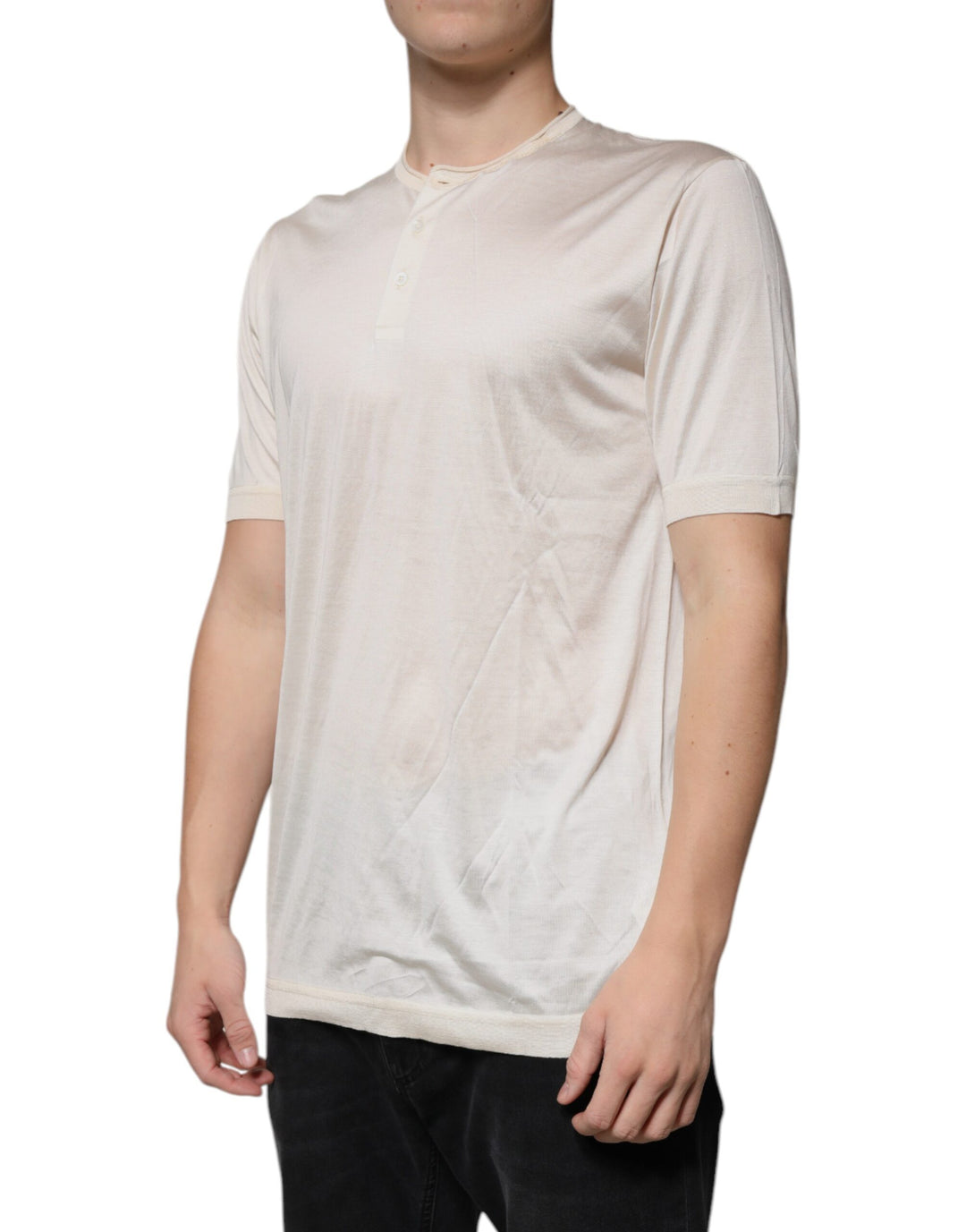 Dolce &amp; Gabbana Sample Sale Dolce &amp; Gabbana Off White Silk Henley Short Sleeves T-Shirt - | Designer outlet