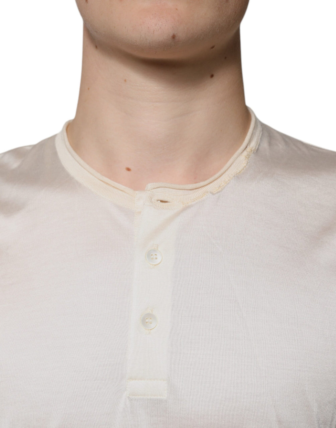 Dolce &amp; Gabbana Sample Sale Dolce &amp; Gabbana Off White Silk Henley Short Sleeves T-Shirt - | Designer outlet