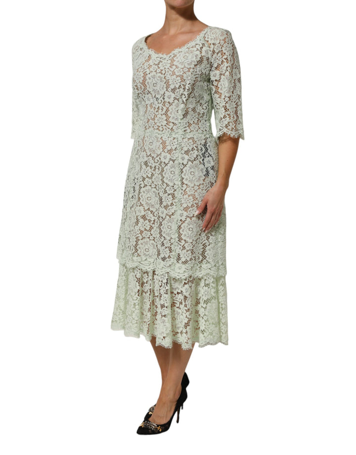 Dolce &amp; Gabbana Sample Sale Dolce &amp; Gabbana Mint Green Floral Lace Trim Midi Dress - | Designer outlet
