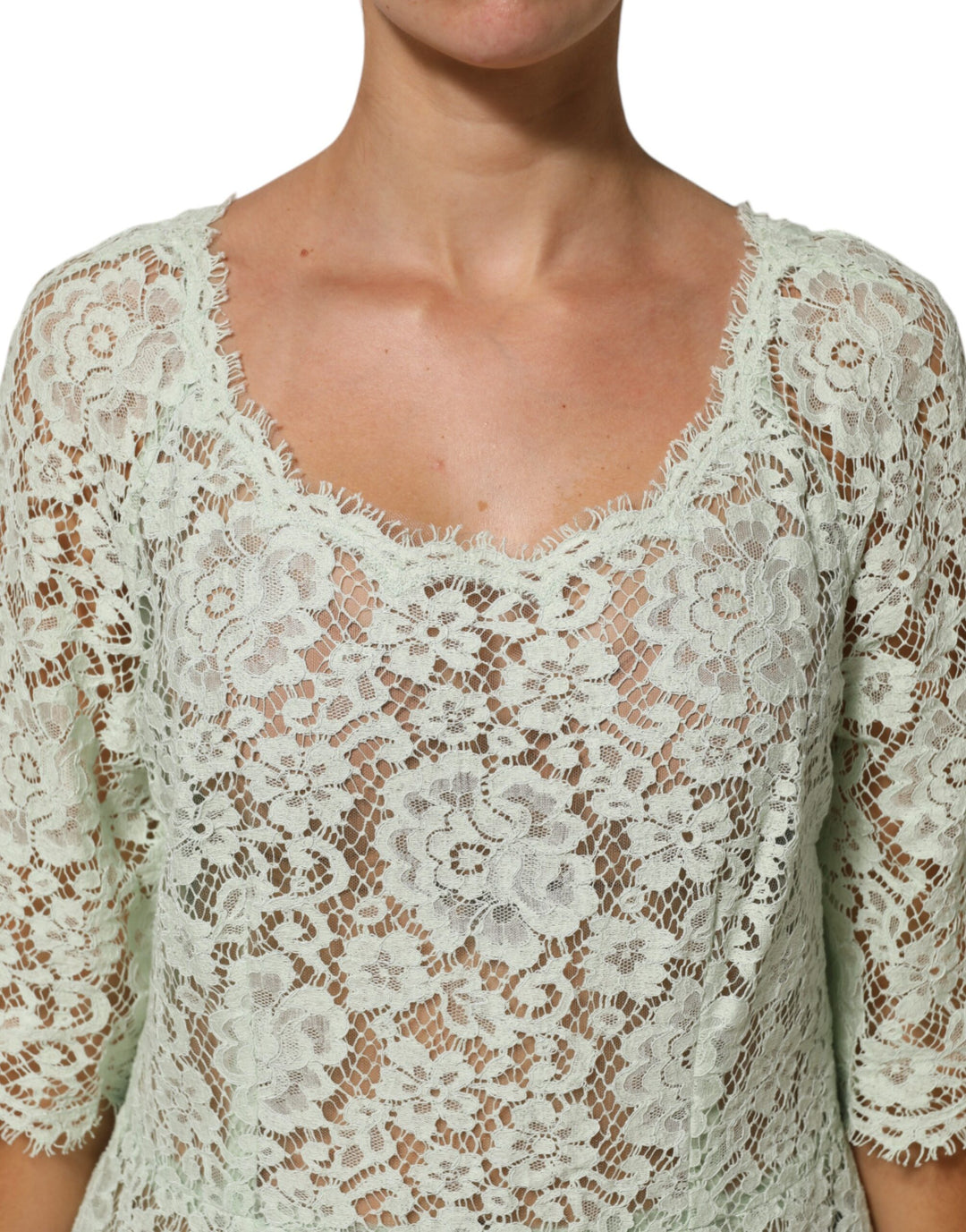 Dolce &amp; Gabbana Sample Sale Dolce &amp; Gabbana Mint Green Floral Lace Trim Midi Dress - | Designer outlet