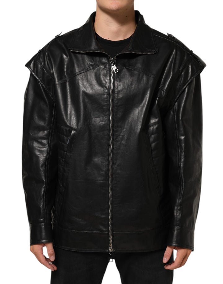 Dolce &amp; Gabbana Black Leather Full Zip Biker Blouson Jacket by Dolce &amp; Gabbana outlet now on sale