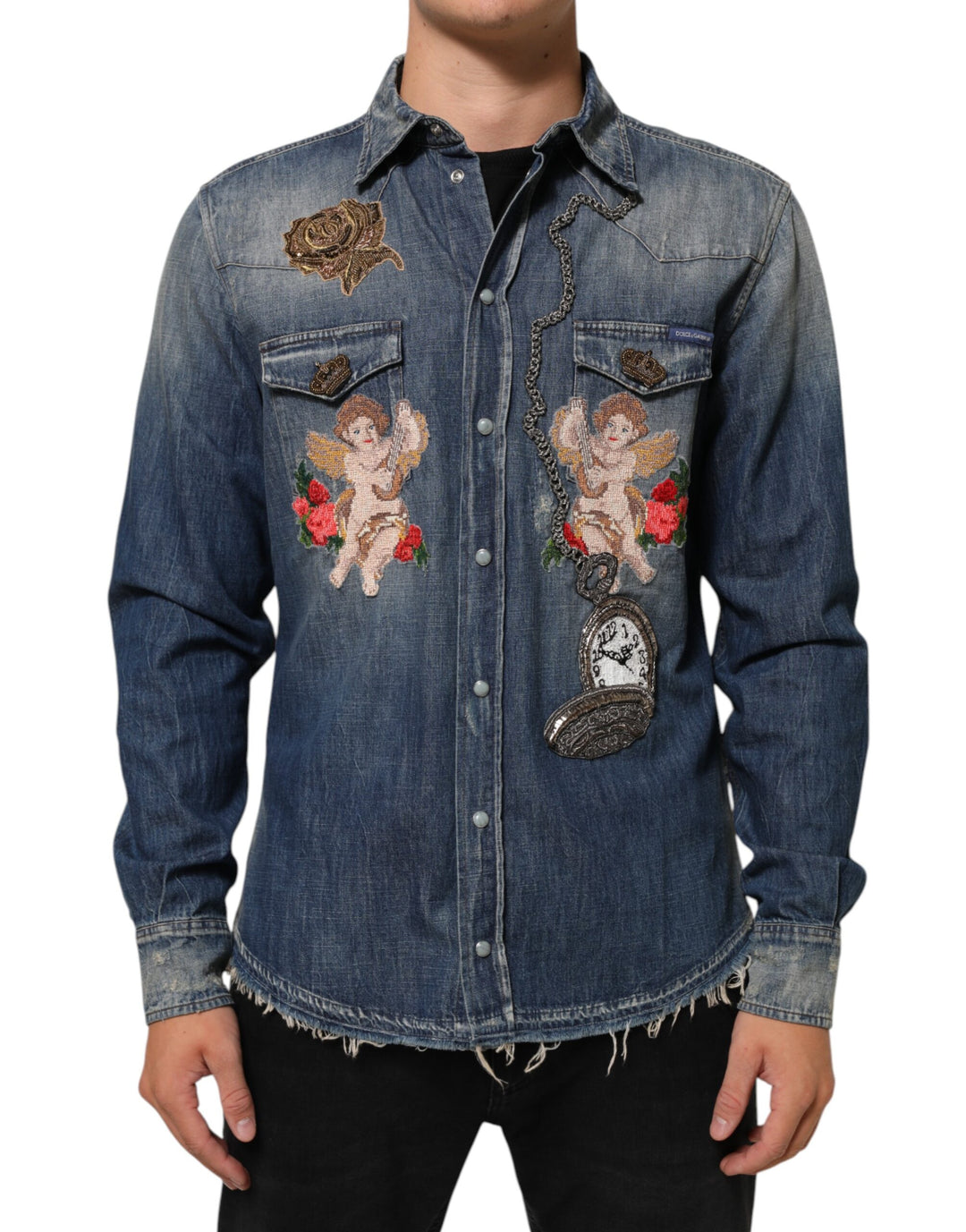 Dolce &amp; Gabbana Sample Sale Dolce &amp; Gabbana Blue Angel Patch Denim Buttoned Down Men Shirt - | Designer outlet