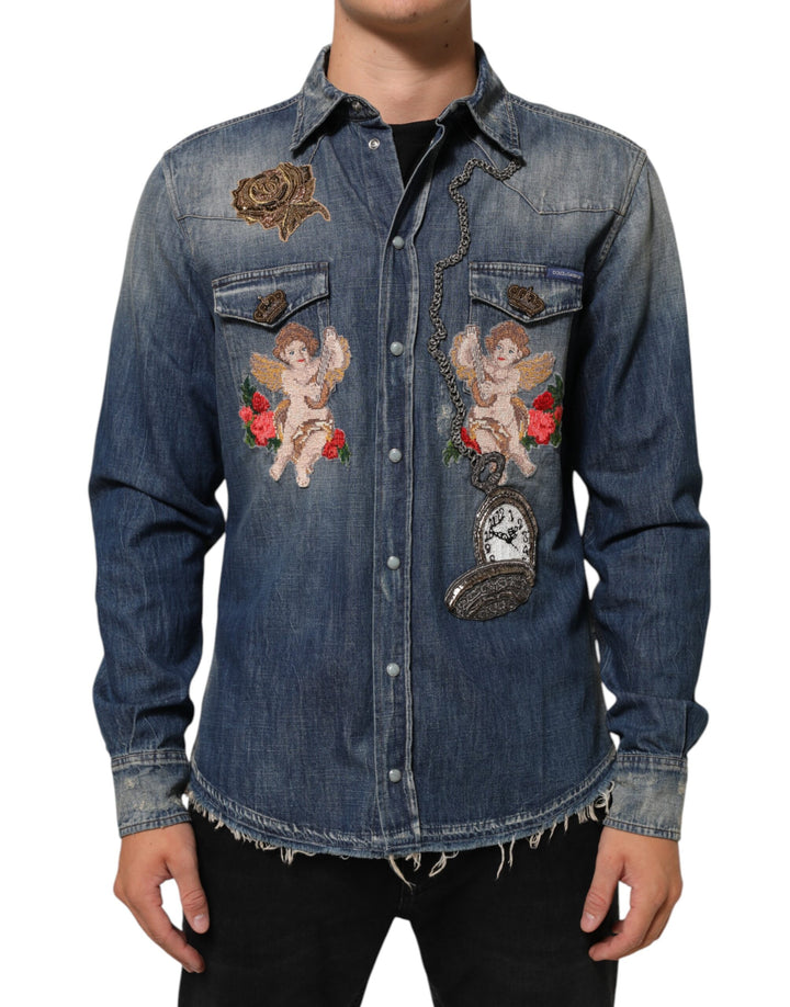 Dolce &amp; Gabbana Sample Sale Dolce &amp; Gabbana Blue Angel Patch Denim Buttoned Down Men Shirt - | Designer outlet