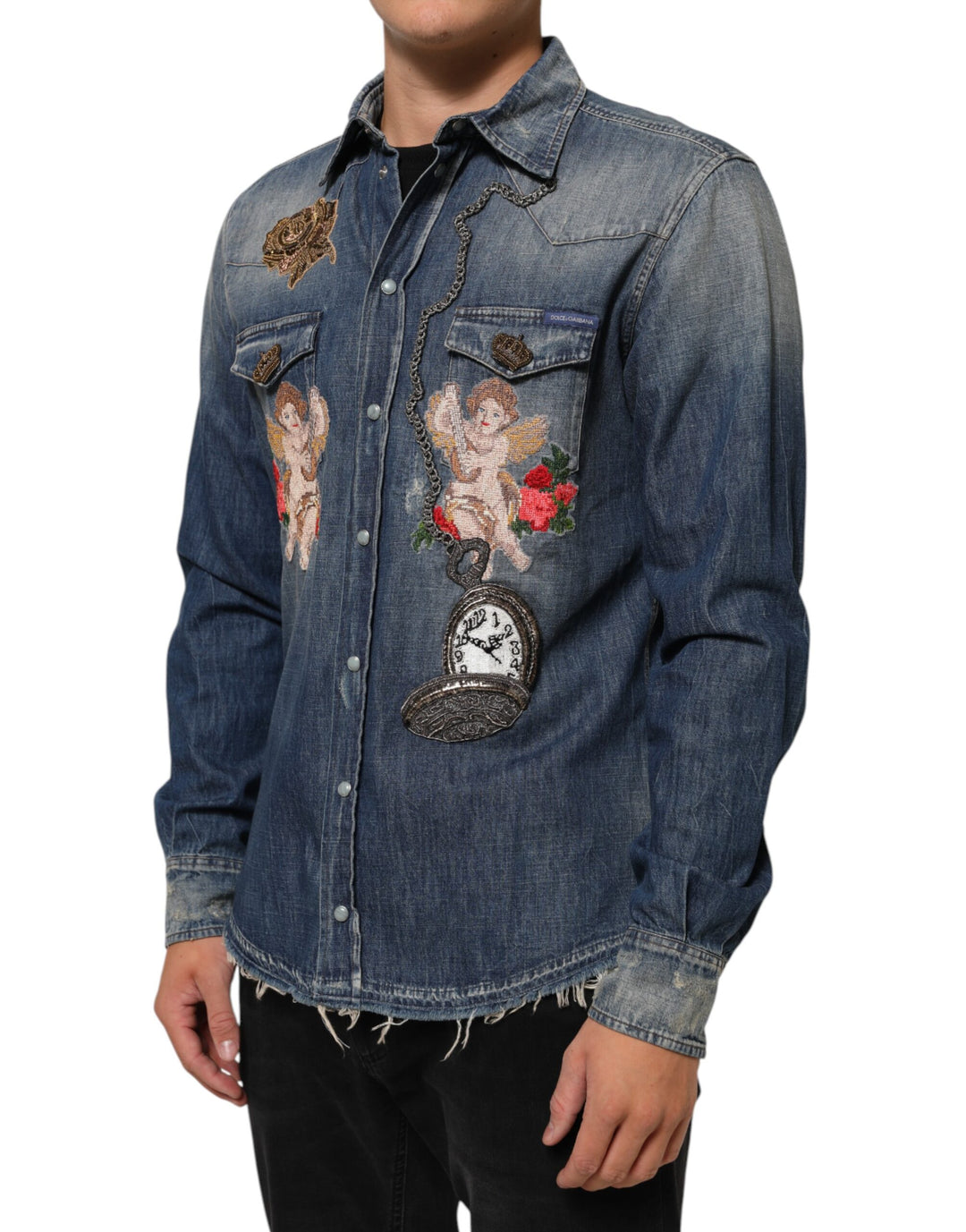 Dolce &amp; Gabbana Sample Sale Dolce &amp; Gabbana Blue Angel Patch Denim Buttoned Down Men Shirt - | Designer outlet