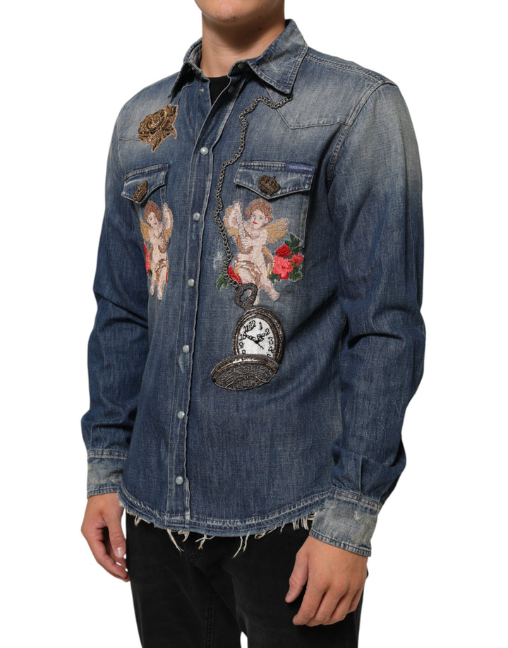 Dolce &amp; Gabbana Sample Sale Dolce &amp; Gabbana Blue Angel Patch Denim Buttoned Down Men Shirt - | Designer outlet