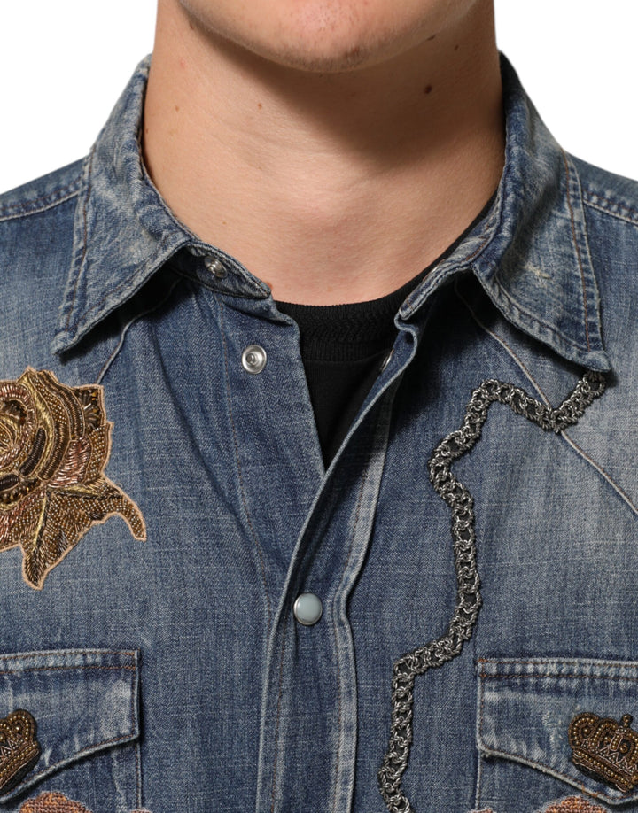 Dolce &amp; Gabbana Sample Sale Dolce &amp; Gabbana Blue Angel Patch Denim Buttoned Down Men Shirt - | Designer outlet