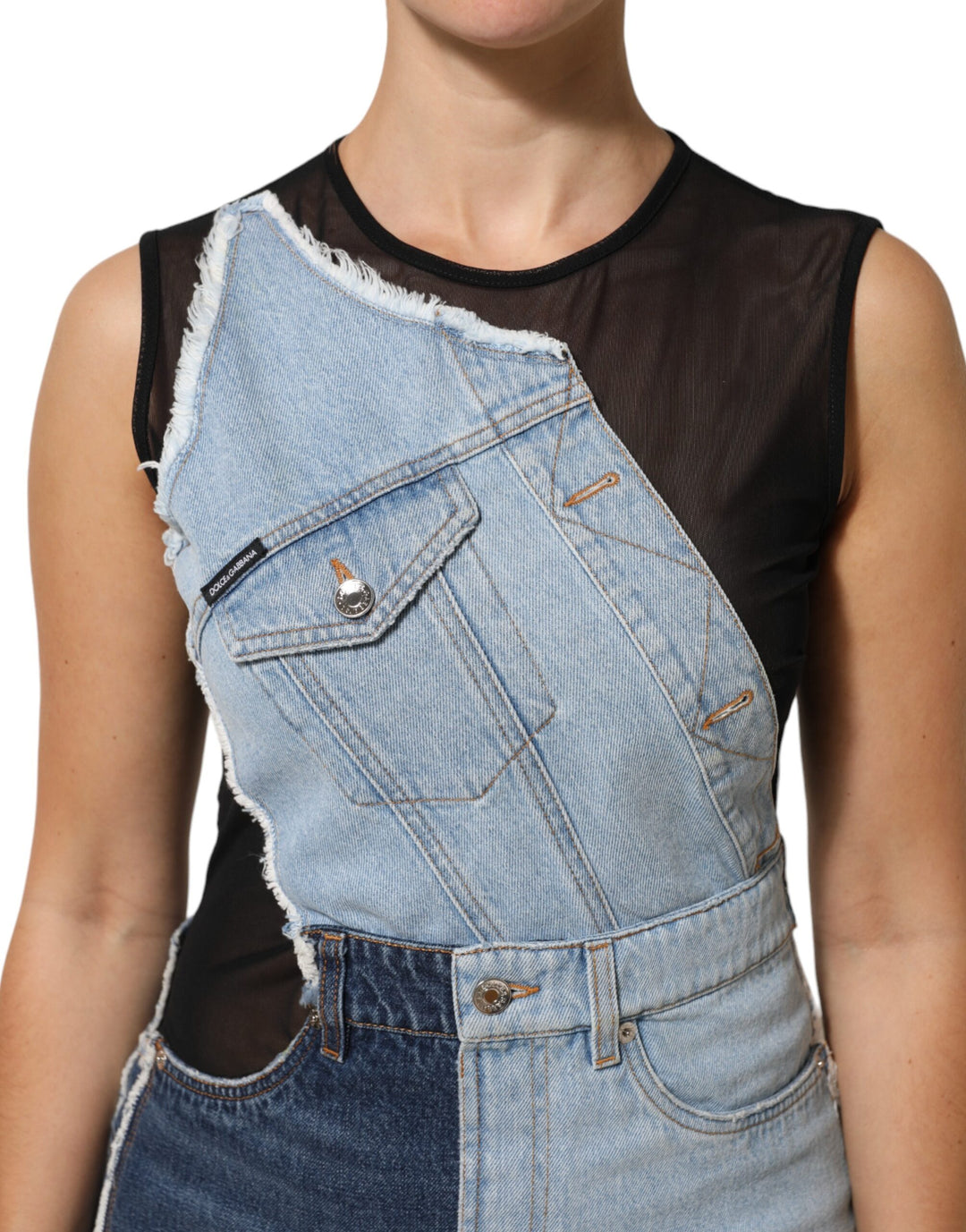 Dolce &amp; Gabbana Sample Sale Dolce &amp; Gabbana Blue Nylon Patchwork Denim Sheath Mini Dress - | Designer outlet