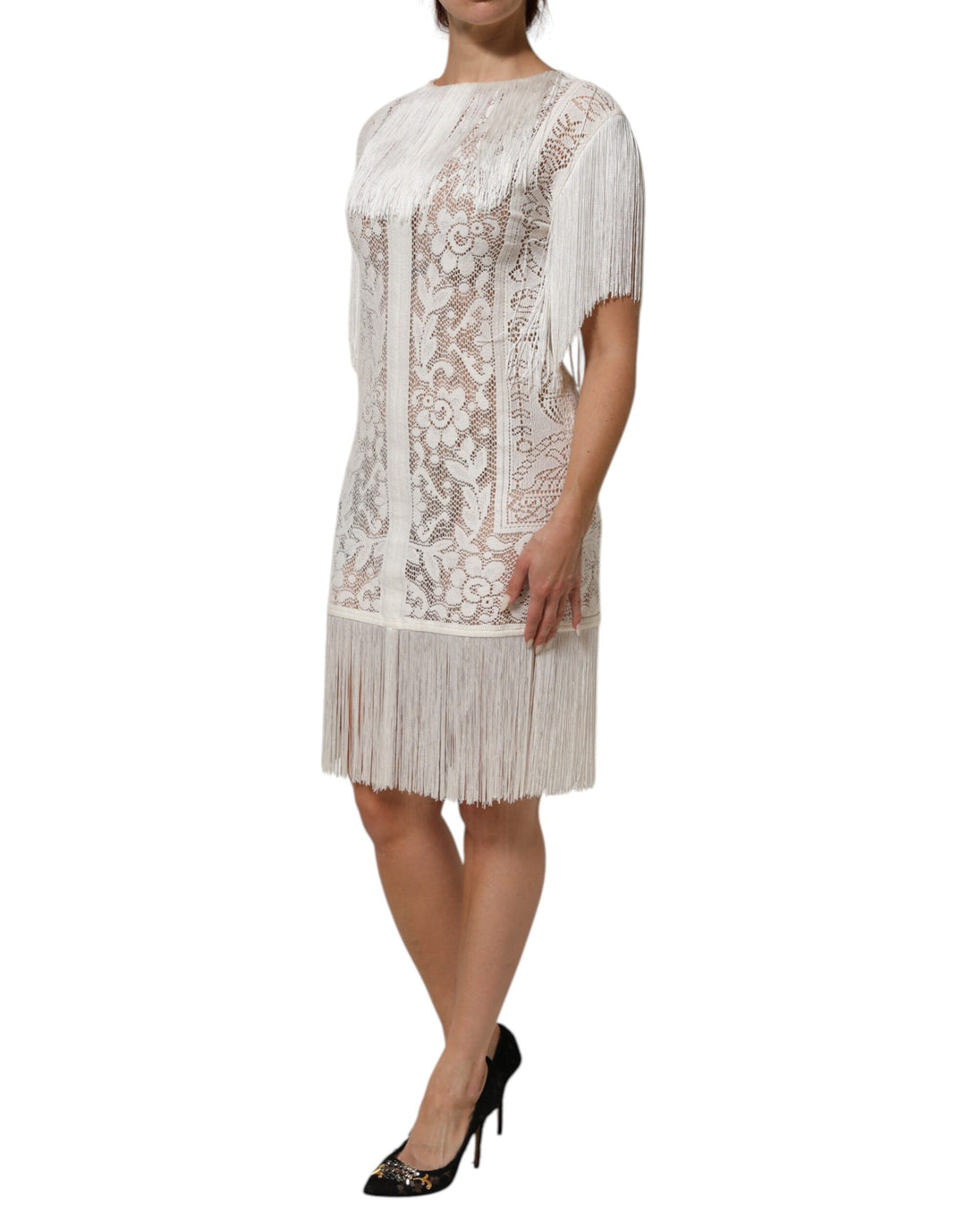 Dolce &amp; Gabbana Sample Sale Dolce &amp; Gabbana White Floral Lace Fringe Knee Length Dress - | Designer outlet