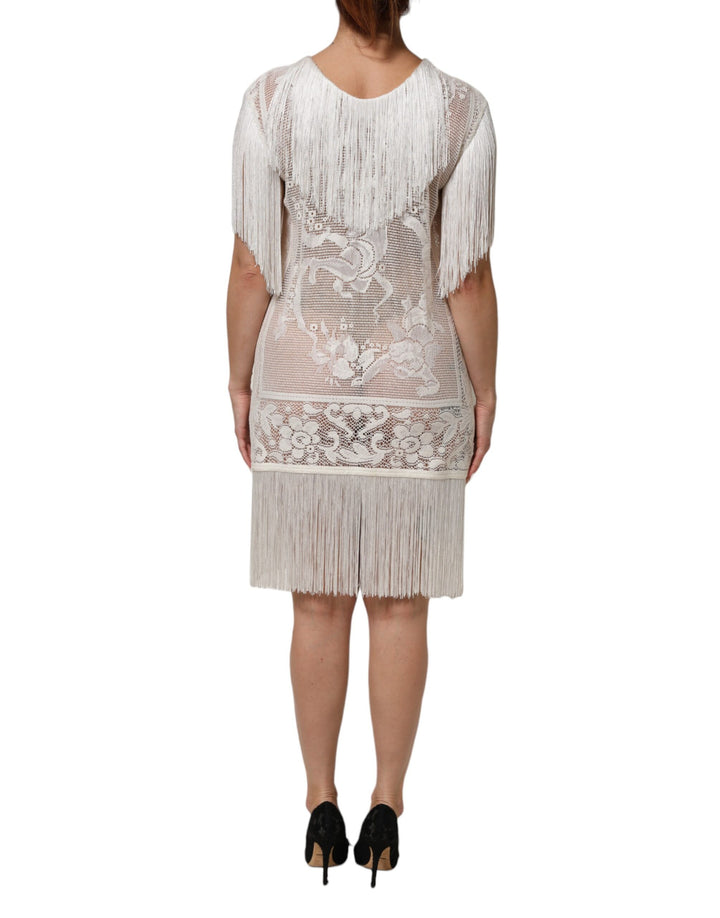 Dolce &amp; Gabbana Sample Sale Dolce &amp; Gabbana White Floral Lace Fringe Knee Length Dress - | Designer outlet