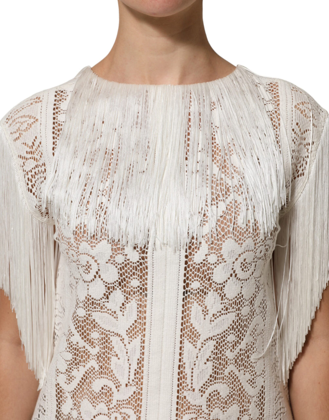 Dolce &amp; Gabbana Sample Sale Dolce &amp; Gabbana White Floral Lace Fringe Knee Length Dress - | Designer outlet