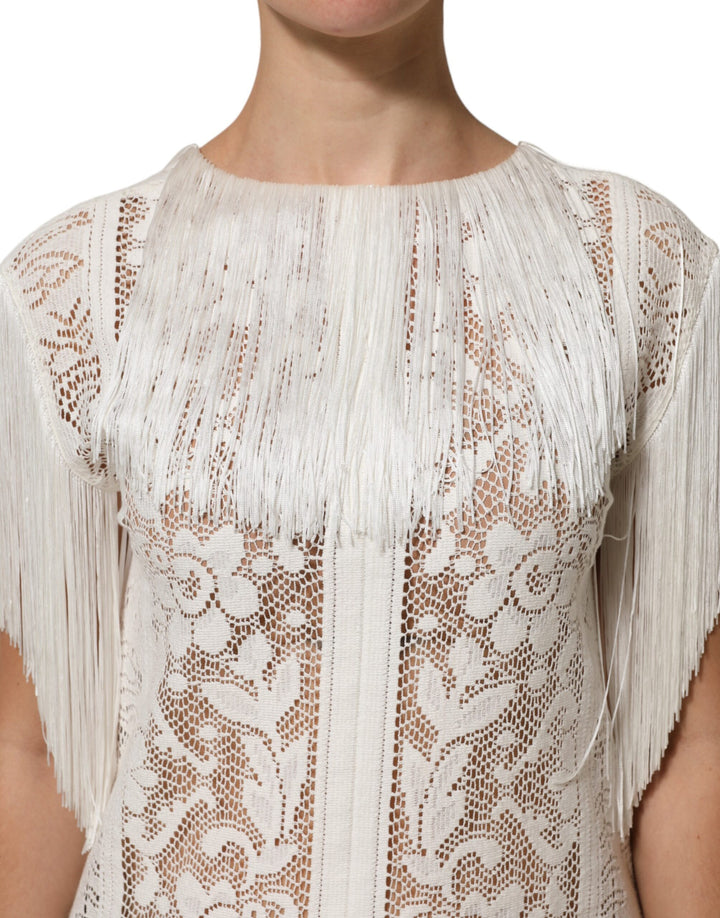 Dolce &amp; Gabbana Sample Sale Dolce &amp; Gabbana White Floral Lace Fringe Knee Length Dress - | Designer outlet