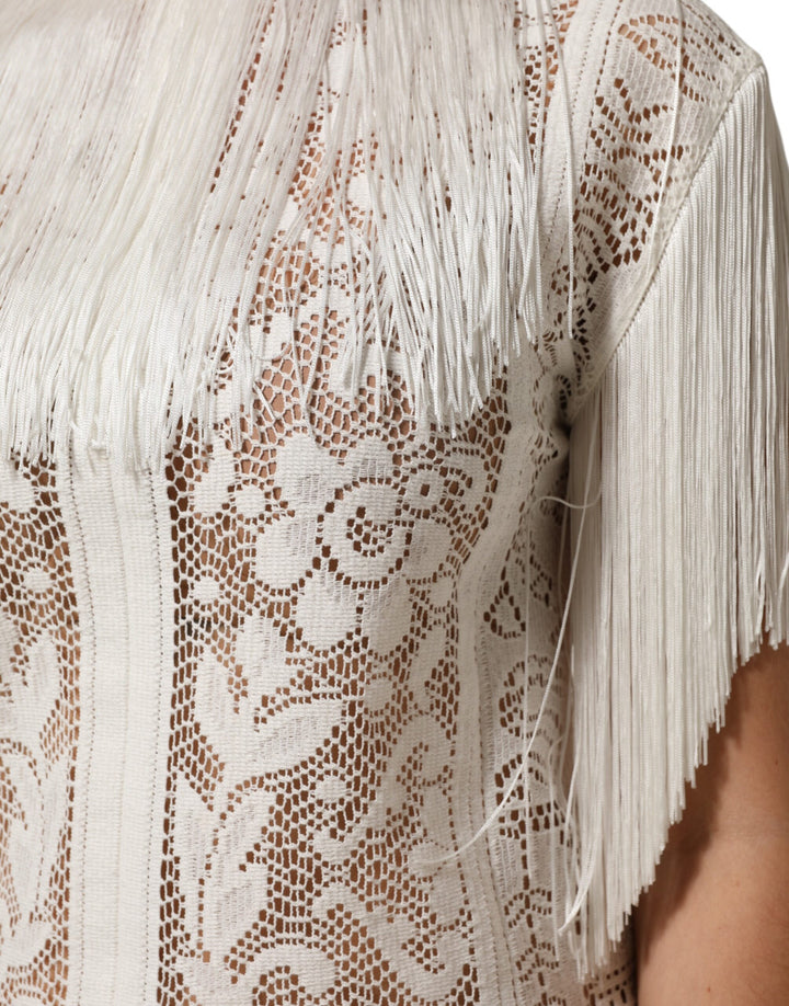 Dolce &amp; Gabbana Sample Sale Dolce &amp; Gabbana White Floral Lace Fringe Knee Length Dress - | Designer outlet