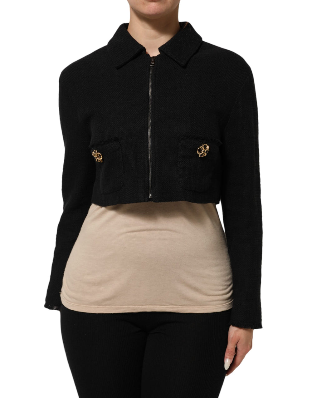 Dolce & Gabbana Sample Sale Dolce & Gabbana Black Cotton Full Zip Cropped Coat Jacket - | Designer outlet
