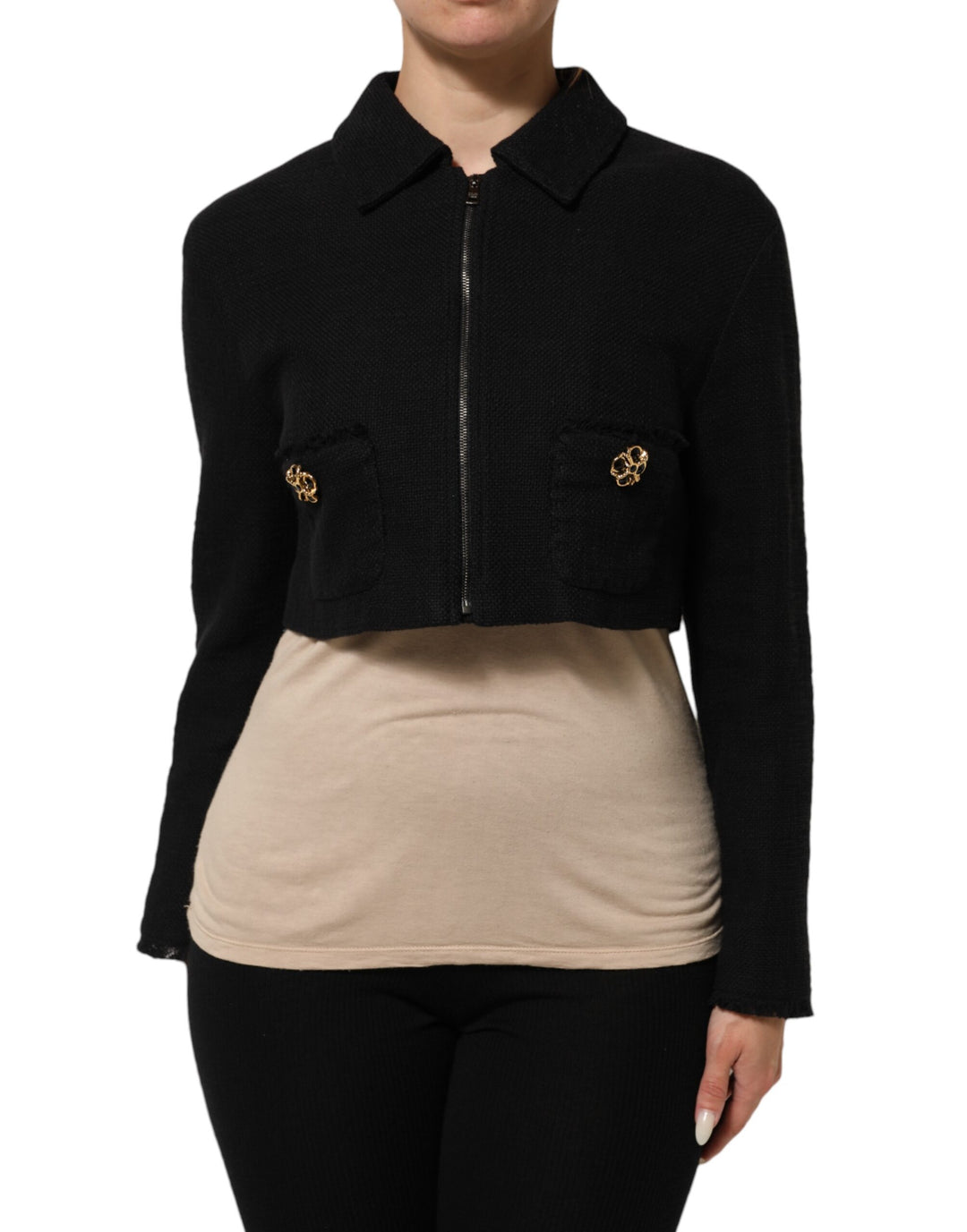 Dolce &amp; Gabbana Sample Sale Dolce &amp; Gabbana Black Cotton Full Zip Cropped Coat Jacket - | Designer outlet