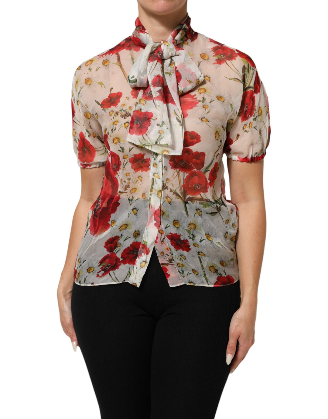 Dolce &amp; Gabbana Sample Sale Dolce &amp; Gabbana White Floral Tie-Neck Poppy Print Blouse Top - | Designer outlet