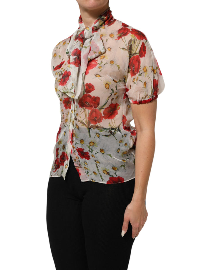 Dolce &amp; Gabbana Sample Sale Dolce &amp; Gabbana White Floral Tie-Neck Poppy Print Blouse Top - | Designer outlet