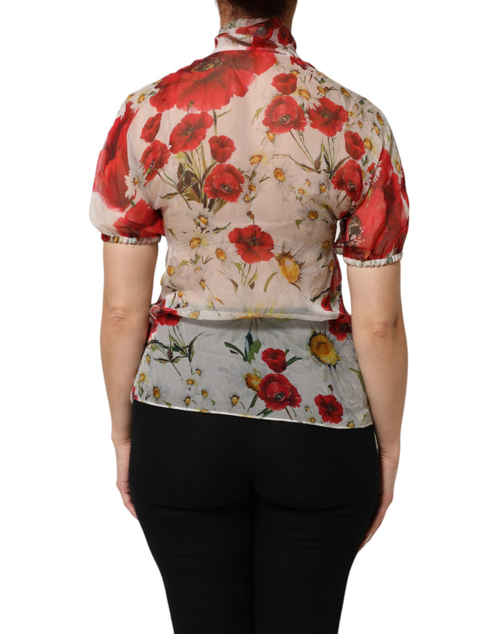 Dolce &amp; Gabbana Sample Sale Dolce &amp; Gabbana White Floral Tie-Neck Poppy Print Blouse Top - | Designer outlet