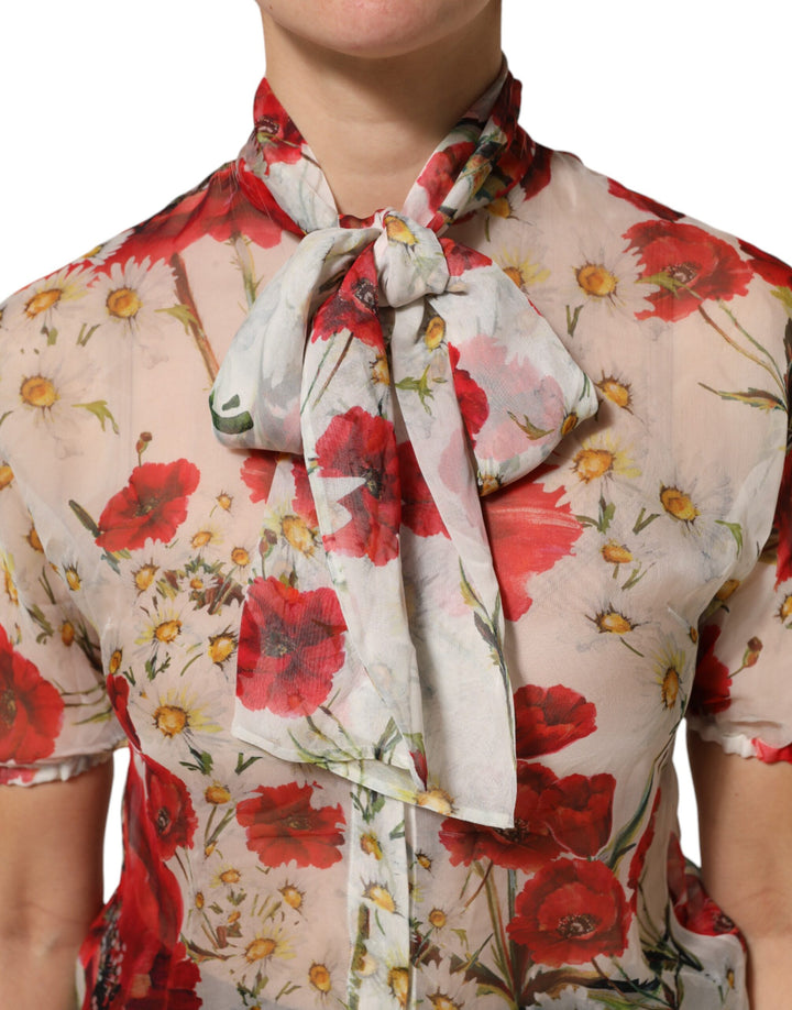 Dolce &amp; Gabbana Sample Sale Dolce &amp; Gabbana White Floral Tie-Neck Poppy Print Blouse Top - | Designer outlet