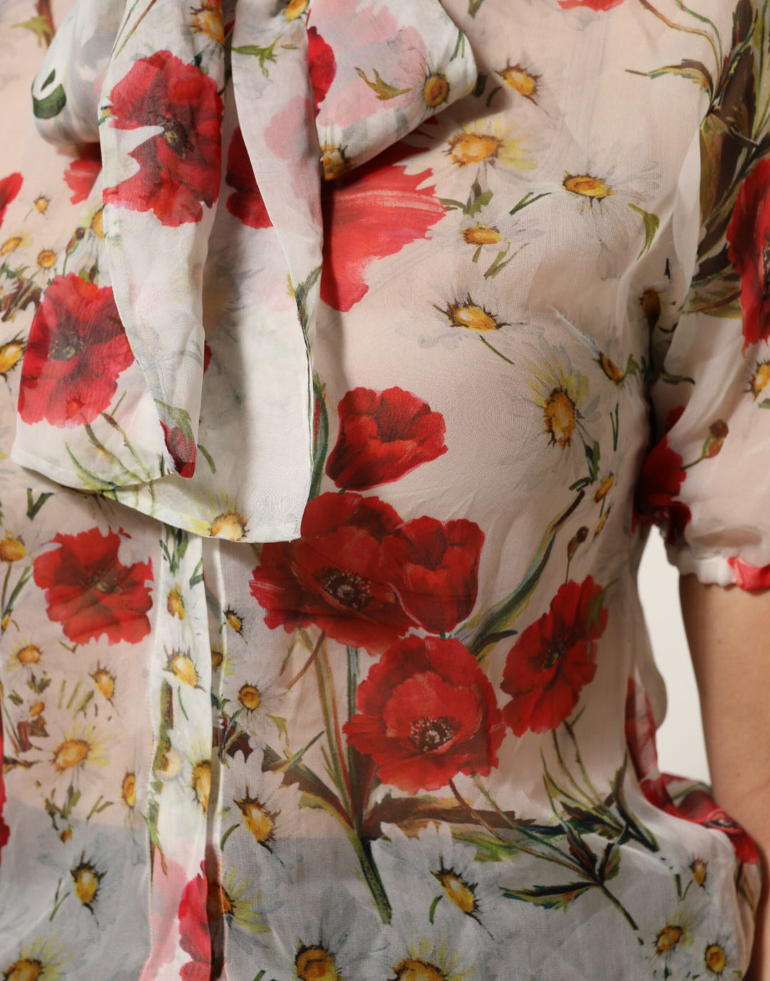 Dolce &amp; Gabbana Sample Sale Dolce &amp; Gabbana White Floral Tie-Neck Poppy Print Blouse Top - | Designer outlet