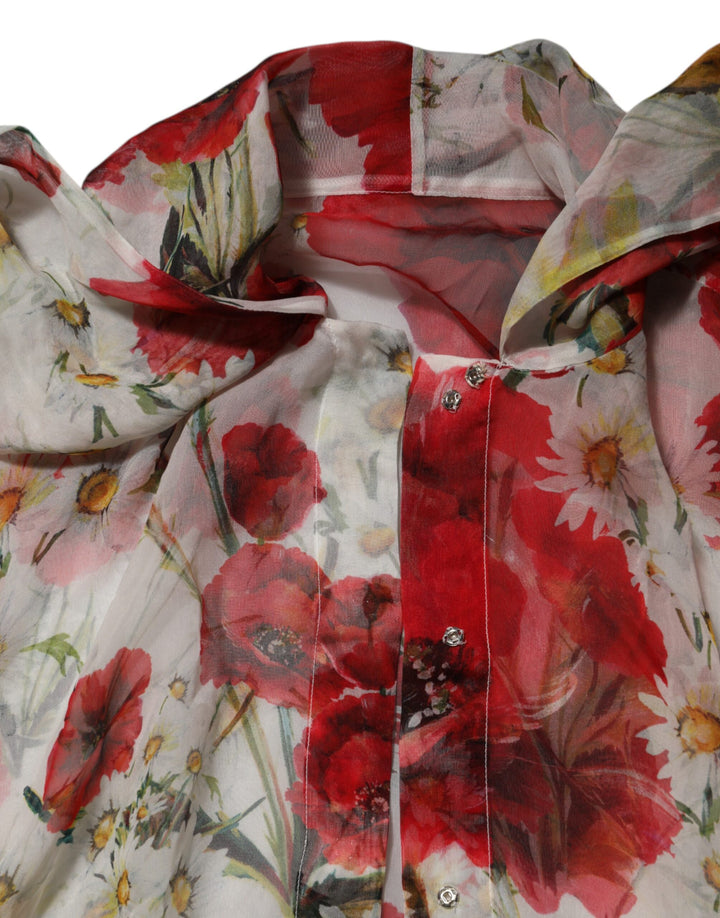 Dolce &amp; Gabbana Sample Sale Dolce &amp; Gabbana White Floral Tie-Neck Poppy Print Blouse Top - | Designer outlet