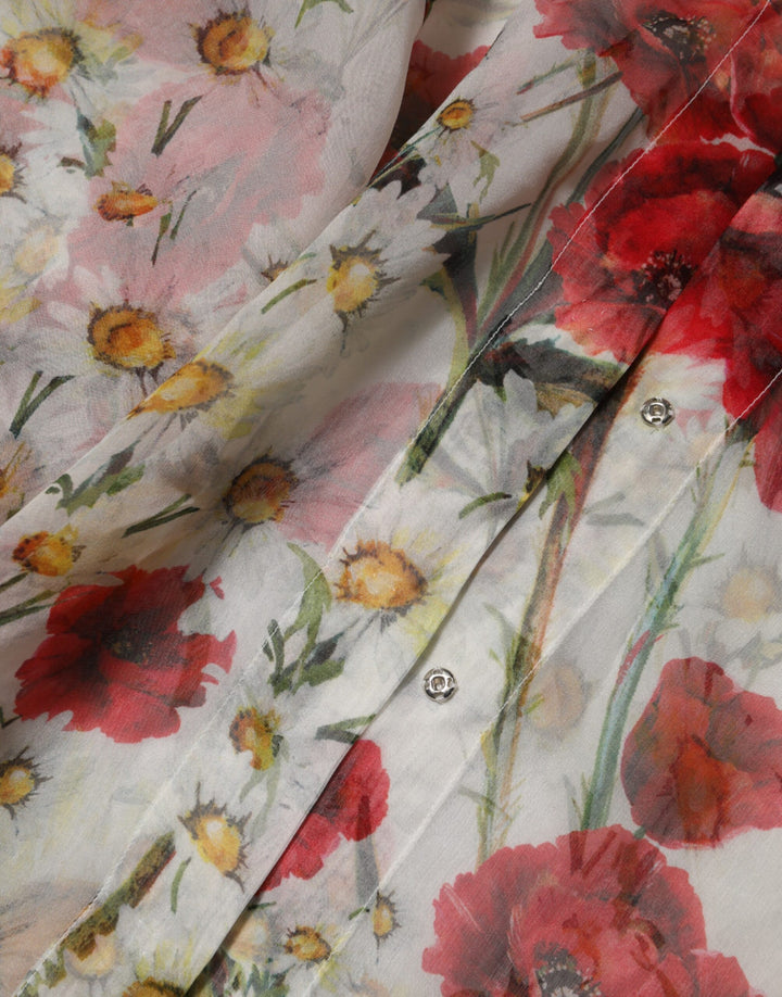 Dolce &amp; Gabbana Sample Sale Dolce &amp; Gabbana White Floral Tie-Neck Poppy Print Blouse Top - | Designer outlet