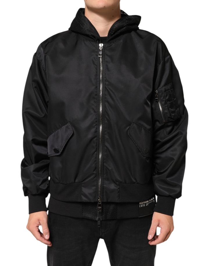 Dolce &amp; Gabbana Sample Sale Dolce &amp; Gabbana Black Nylon Hooded Full Zip Bomber Men Jacket - | Designer outlet