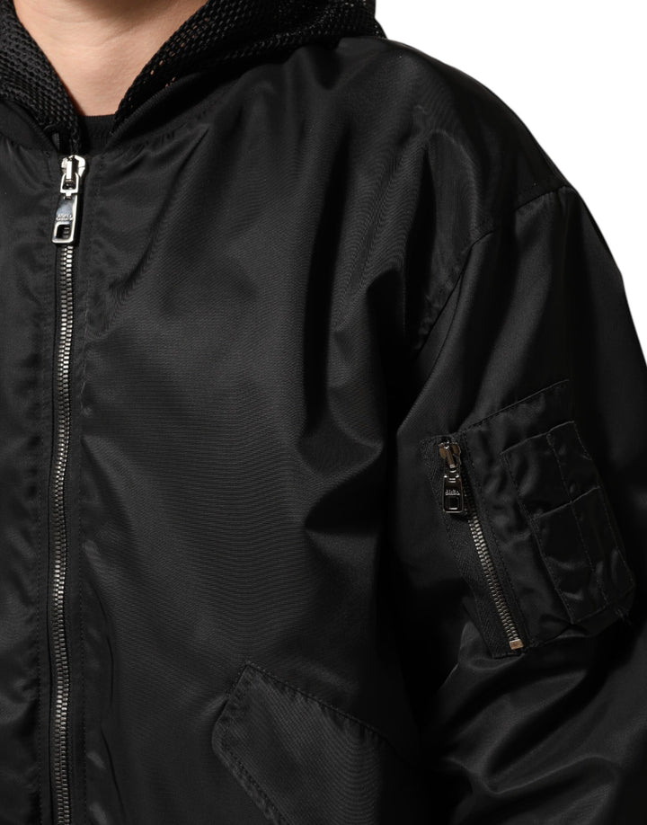 Dolce &amp; Gabbana Sample Sale Dolce &amp; Gabbana Black Nylon Hooded Full Zip Bomber Men Jacket - | Designer outlet