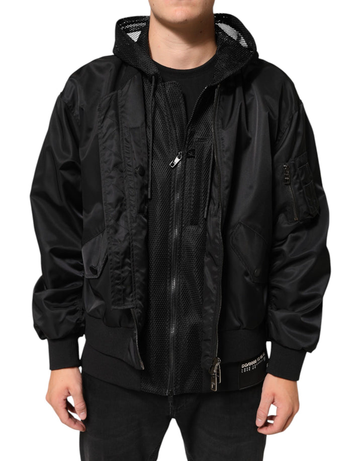 Dolce &amp; Gabbana Sample Sale Dolce &amp; Gabbana Black Nylon Hooded Full Zip Bomber Men Jacket - | Designer outlet