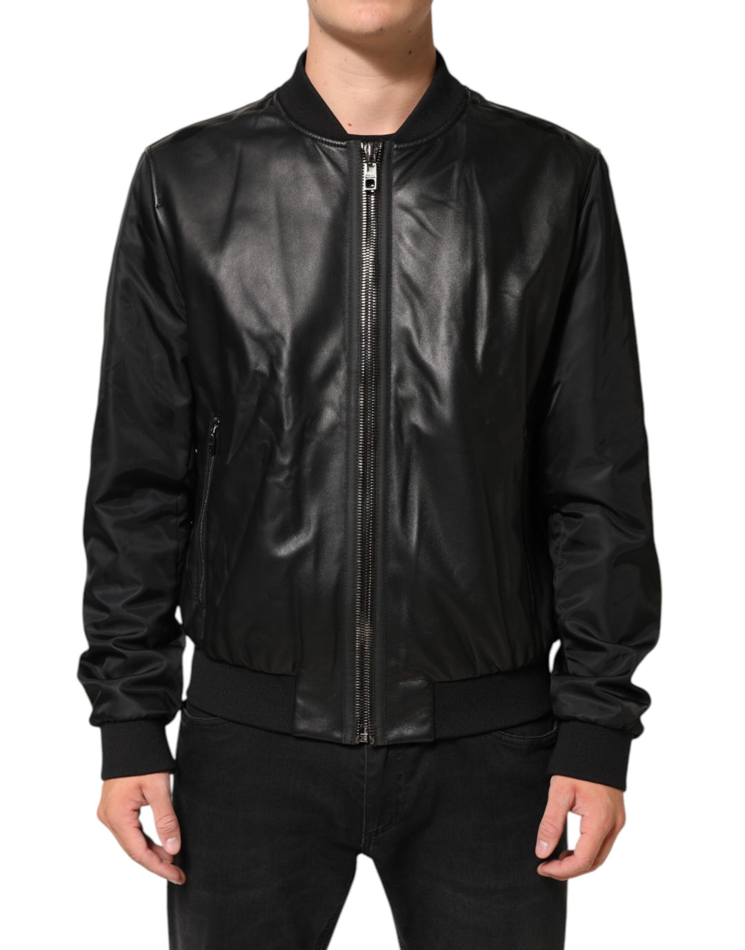 Dolce &amp; Gabbana Black Leather Nylon FullZip Blouson Jacket by Dolce &amp; Gabbana outlet now on sale