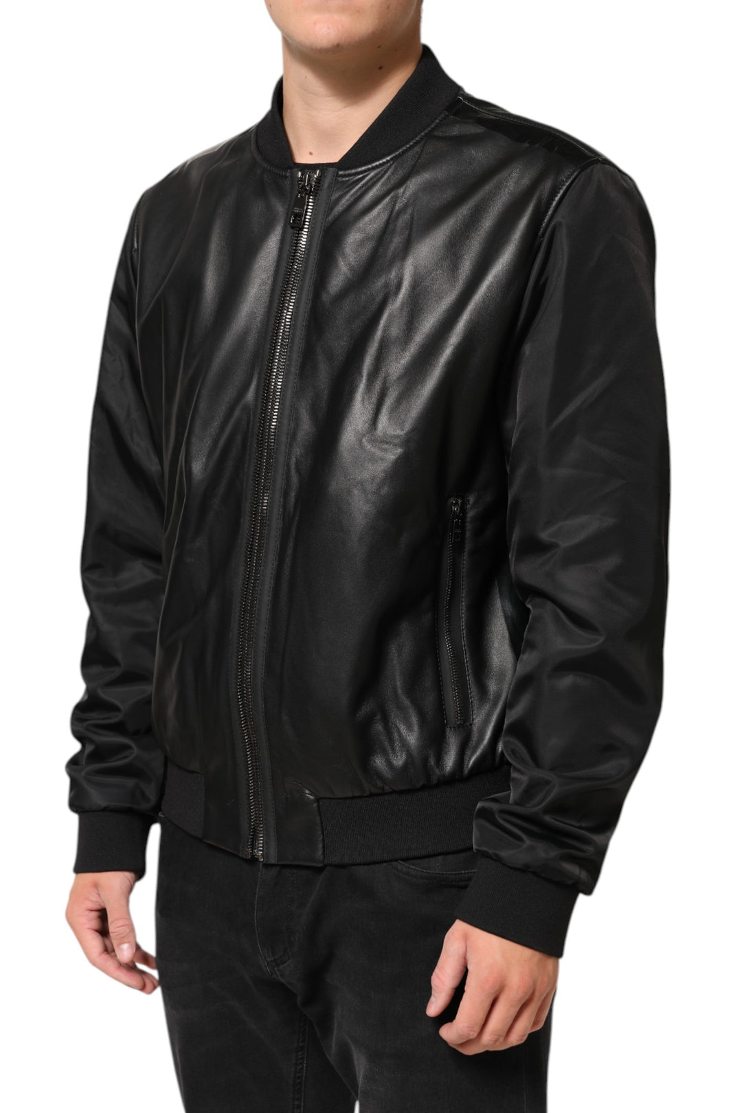 Dolce &amp; Gabbana Black Leather Nylon FullZip Blouson Jacket by Dolce &amp; Gabbana outlet now on sale
