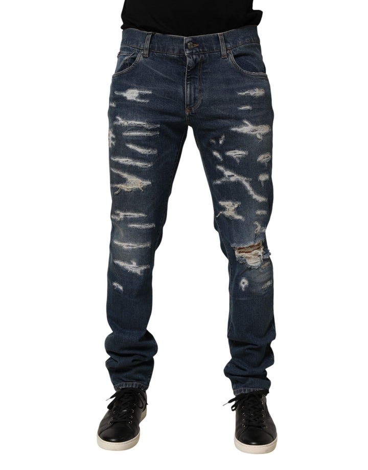 Dolce & Gabbana Blue Tattered Cotton Skinny Men Denim Jeans by Dolce & Gabbana outlet now on sale