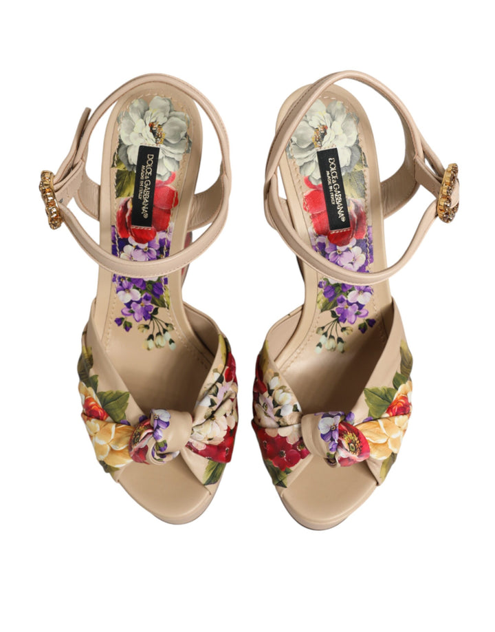 Dolce &amp; Gabbana Beige Floral Ankle Strap Wedge Sandals Shoes by Dolce &amp; Gabbana outlet now on sale