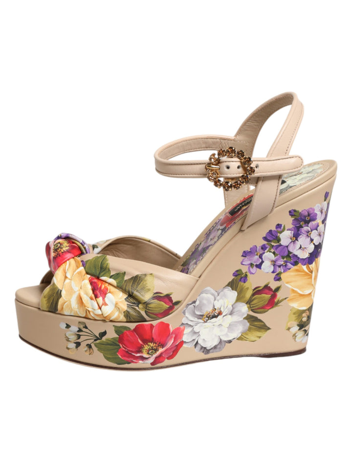 Dolce &amp; Gabbana Beige Floral Ankle Strap Wedge Sandals Shoes by Dolce &amp; Gabbana outlet now on sale