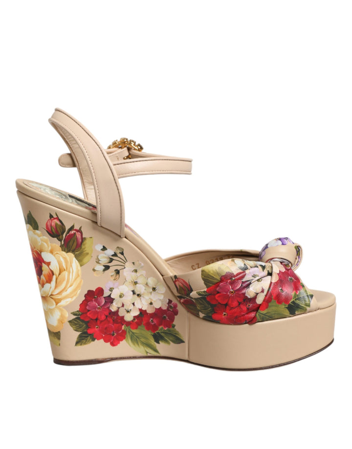 Dolce &amp; Gabbana Beige Floral Ankle Strap Wedge Sandals Shoes by Dolce &amp; Gabbana outlet now on sale