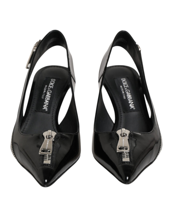 Dolce & Gabbana Black Zipper Leather Heels Slingbacks Shoes