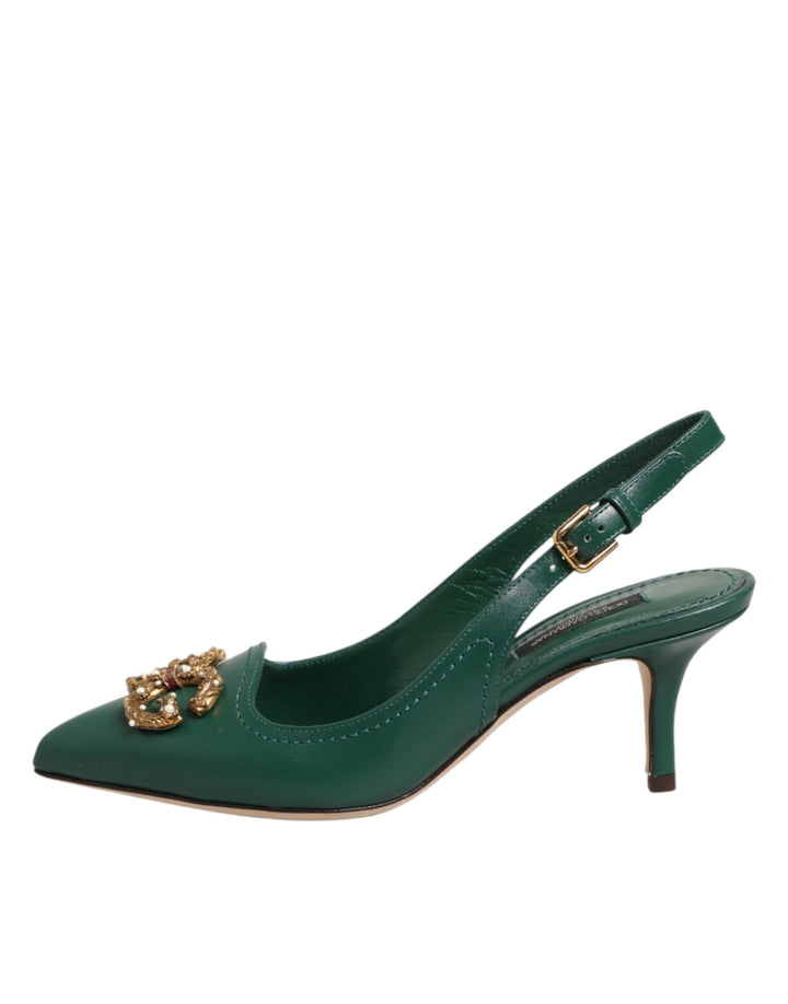 Dolce & Gabbana Green Leather AMORE Heels Slingbacks Shoes