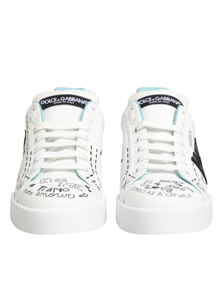 Dolce & Gabbana White Leather Graffiti Low Top Sneakers Shoes