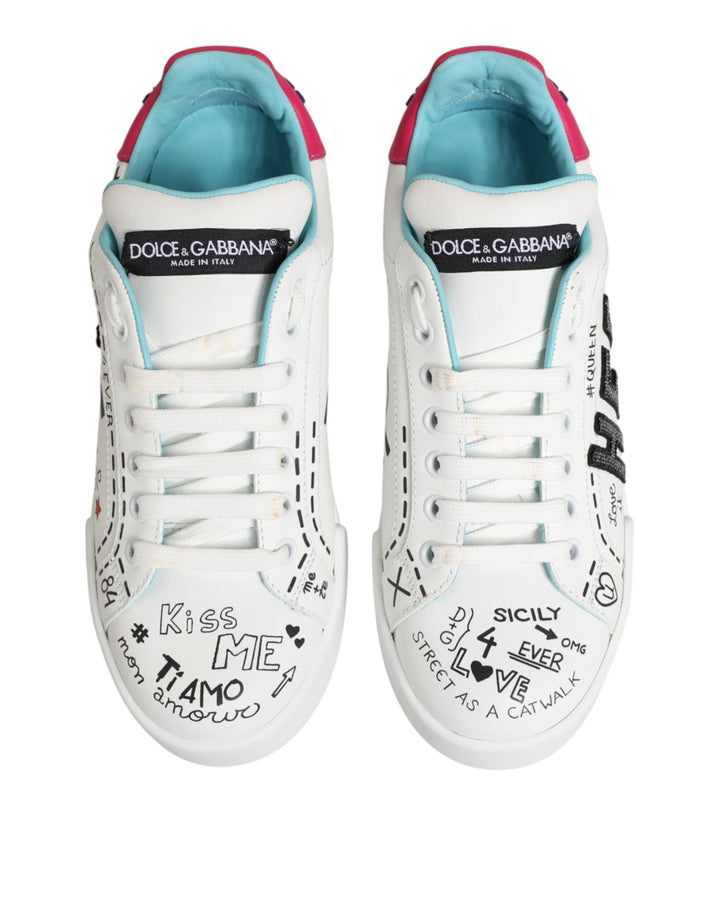 Dolce & Gabbana White Leather Graffiti Low Top Sneakers Shoes