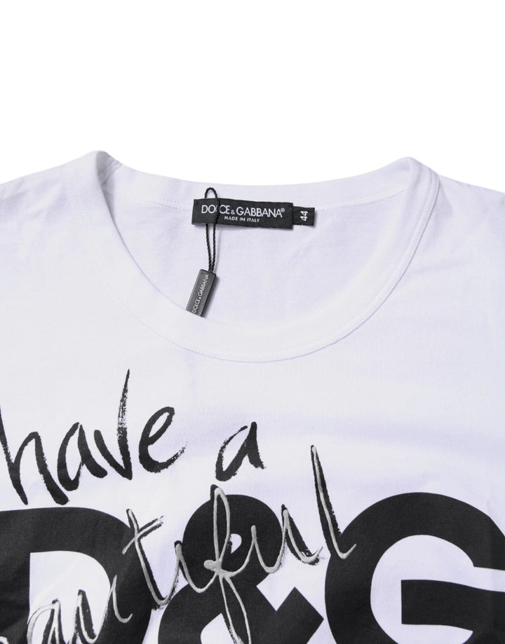 Dolce &amp; Gabbana White Graphic Print Cotton Crew Neck T-shirt by Dolce &amp; Gabbana outlet now on sale