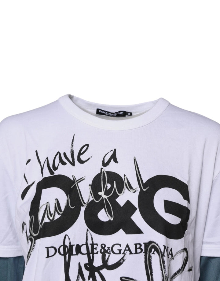 Dolce &amp; Gabbana White Graphic Print Cotton Crew Neck T-shirt by Dolce &amp; Gabbana outlet now on sale
