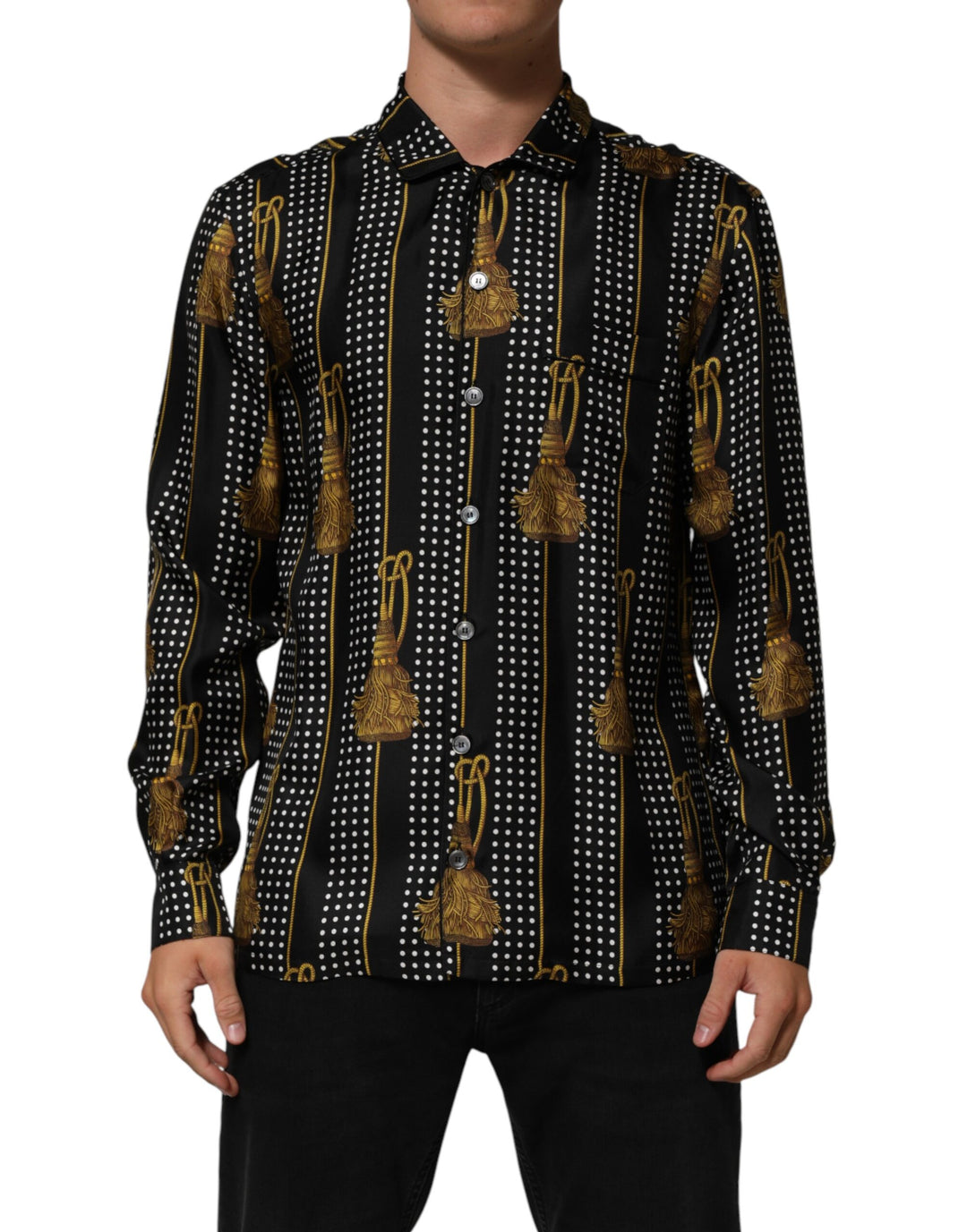 Dolce &amp; Gabbana Sample Sale Dolce &amp; Gabbana Black Dotted Tassel Silk Button Down Shirt - | Designer outlet