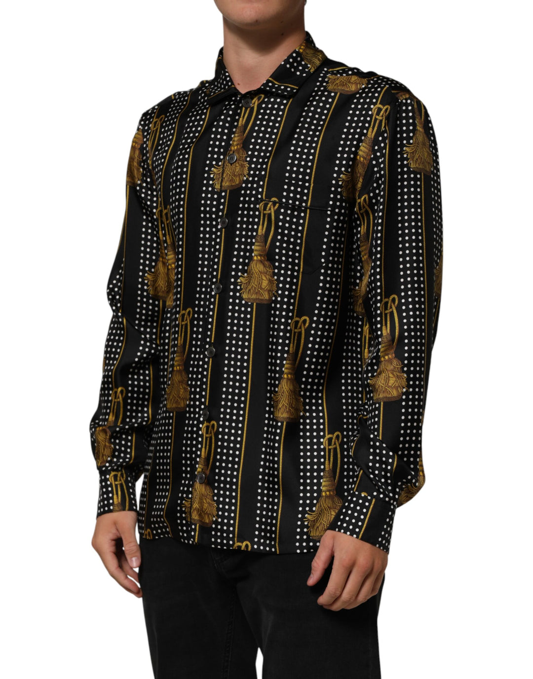Dolce &amp; Gabbana Sample Sale Dolce &amp; Gabbana Black Dotted Tassel Silk Button Down Shirt - | Designer outlet